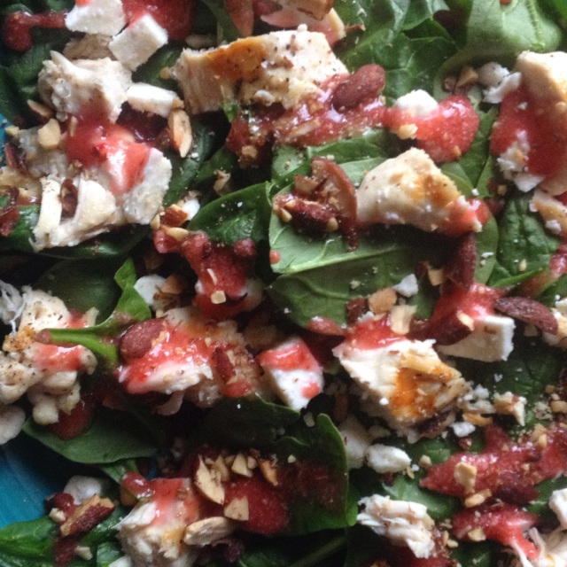 Spinach salad with chicken, feta, almonds, fresh strawberry dressing